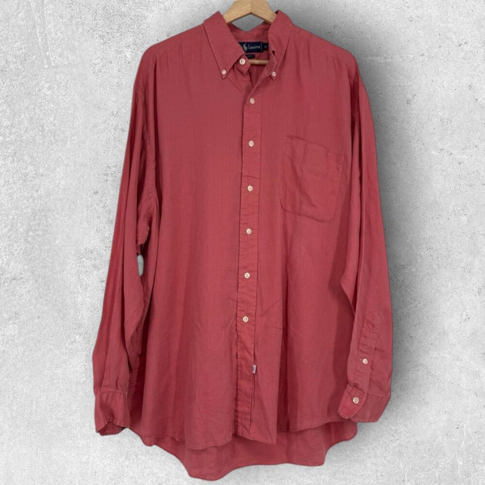 Ralph Lauren Mens Linen Long Sleeve Button Down Shirt XL Salmon Pink Vacation